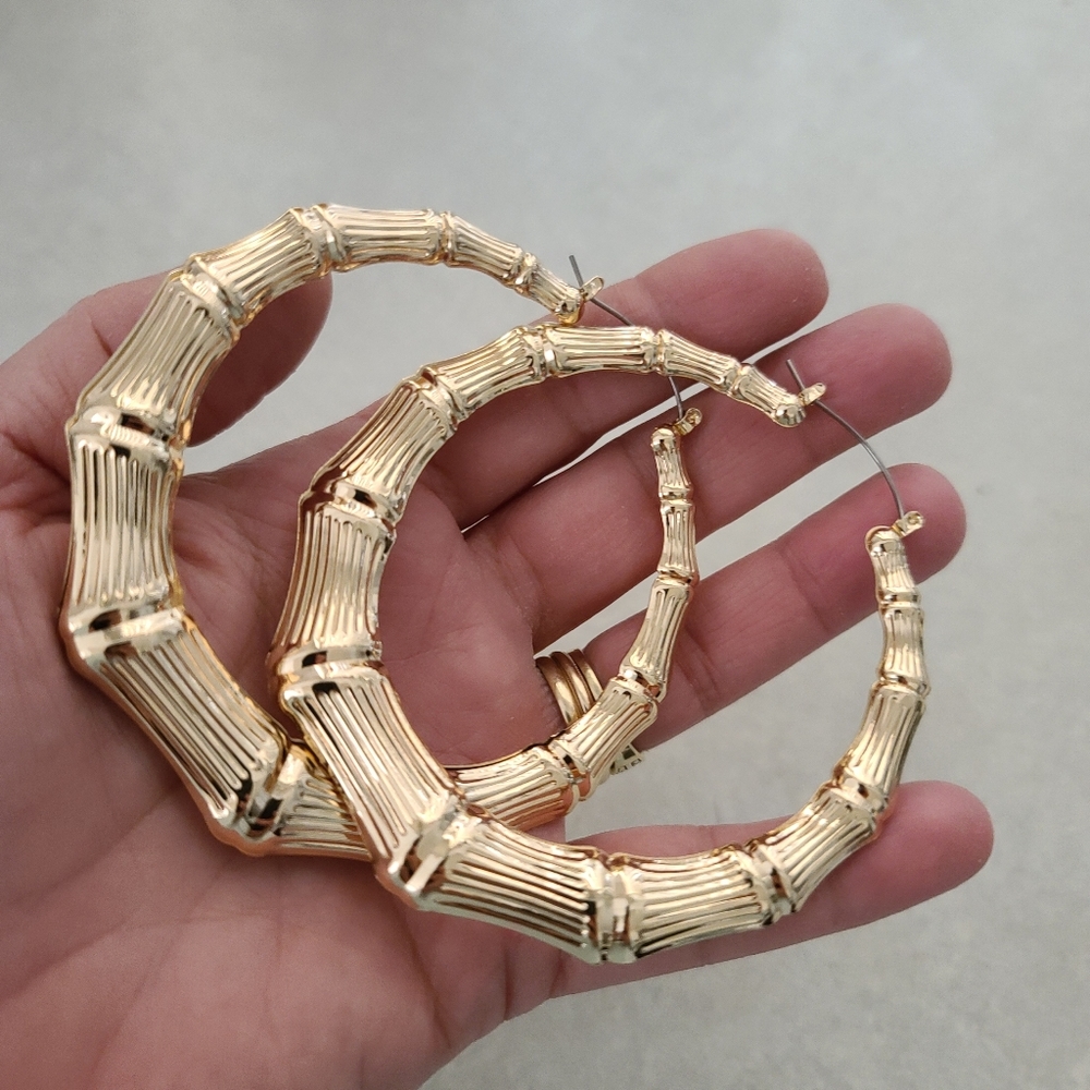 GUESS Gold Tone Bamboo Hoop Earrings 80mm 3" Door Knocker Hip Hop 90s Statement - Picture 9 of 13